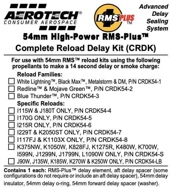 AeroTech RMS-54 I117FJ   K1103X Complete Reload Delay Kit - CRDK54-08 For Sale